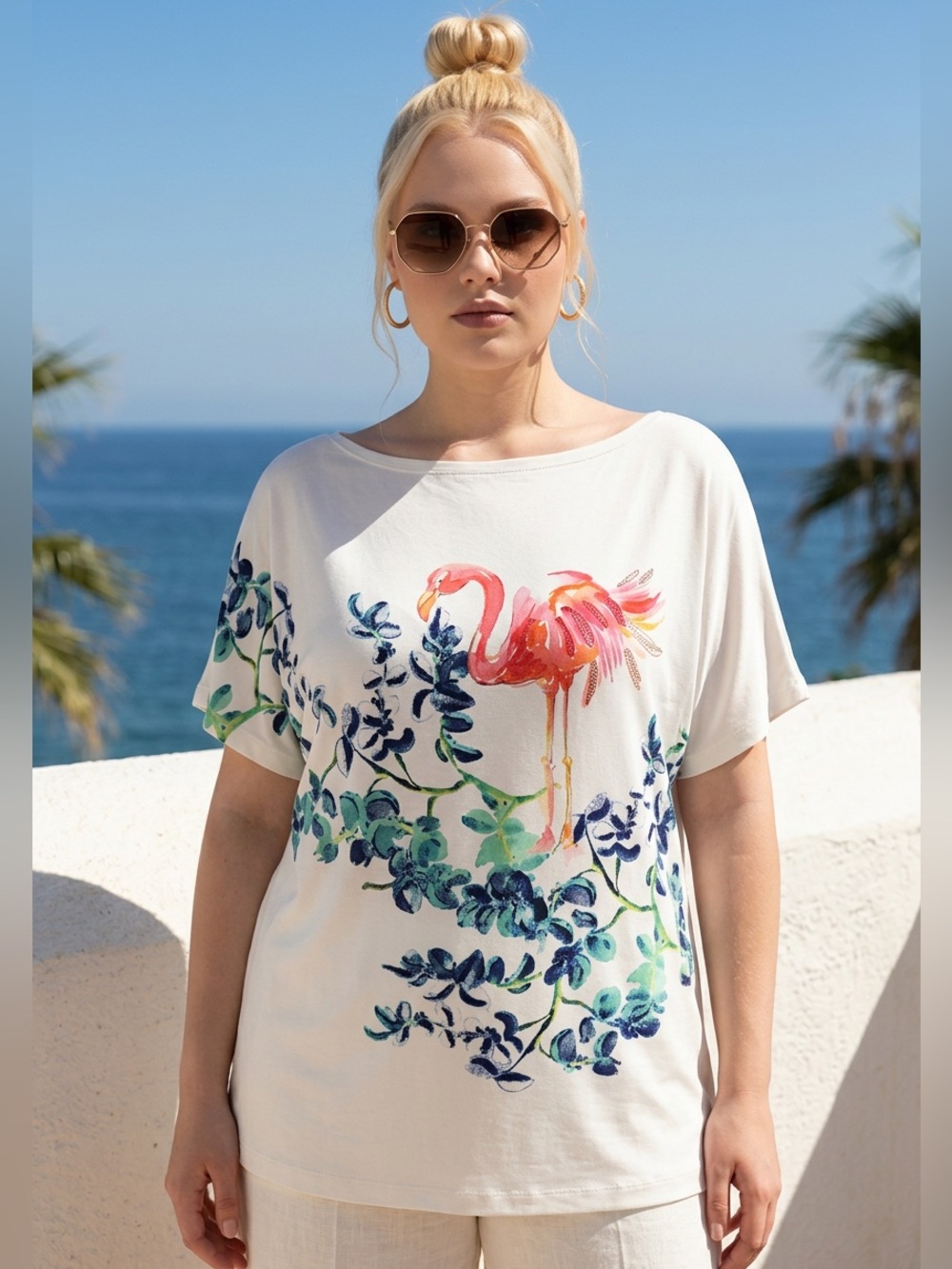 St John Flamingo Tropical Oversized Tunic Tee Shirt Top Size Small